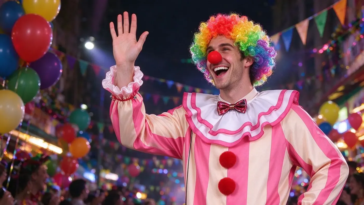 Combinaisons de clown à rayures rose et blanc pour défilés de carnaval