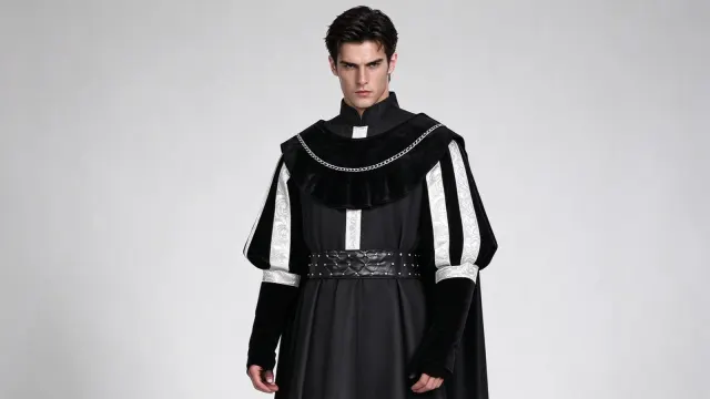 Costume de noble Tudor : cape noire, chemise imprimée et silhouette royale