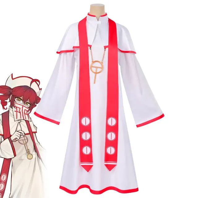 Rotes, von Anime inspiriertes Cosplay-Kostüm-Komplettset für ein Produktkatalogbild.
