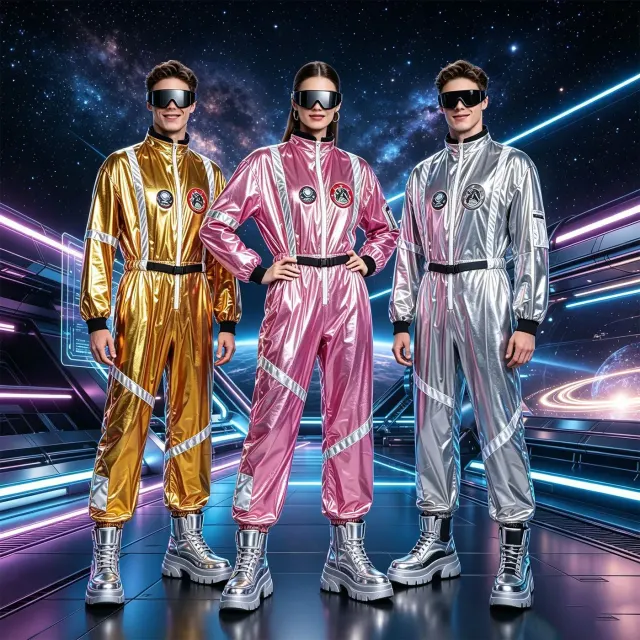 Costume cosplay hippie spatial des années 70 pour adulte, présenté comme une combinaison une pièce imprimée sans manches avec pantalon long.