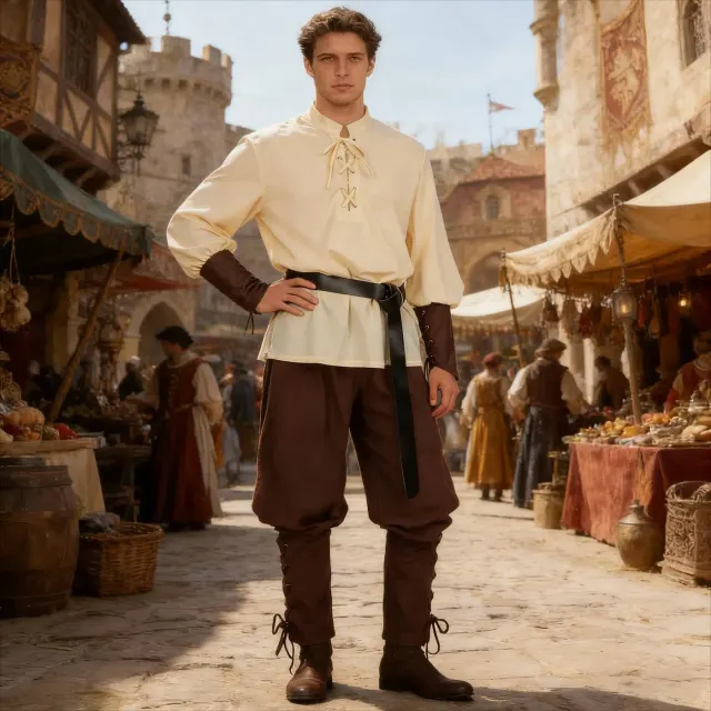 Karibisches Piratenkostüm-Set für Erwachsene in Beige und Schwarz mit Hemd, Jogger-Hose und Gürtel für Halloween oder Renaissance.