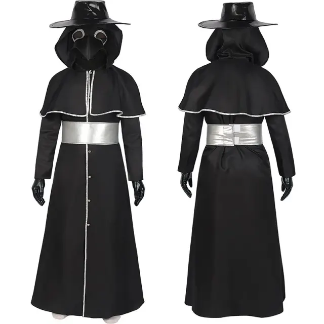 Costume médiéval steampunk à bec d'oiseau pour adulte avec masque à long bec dans un style théâtral sombre.