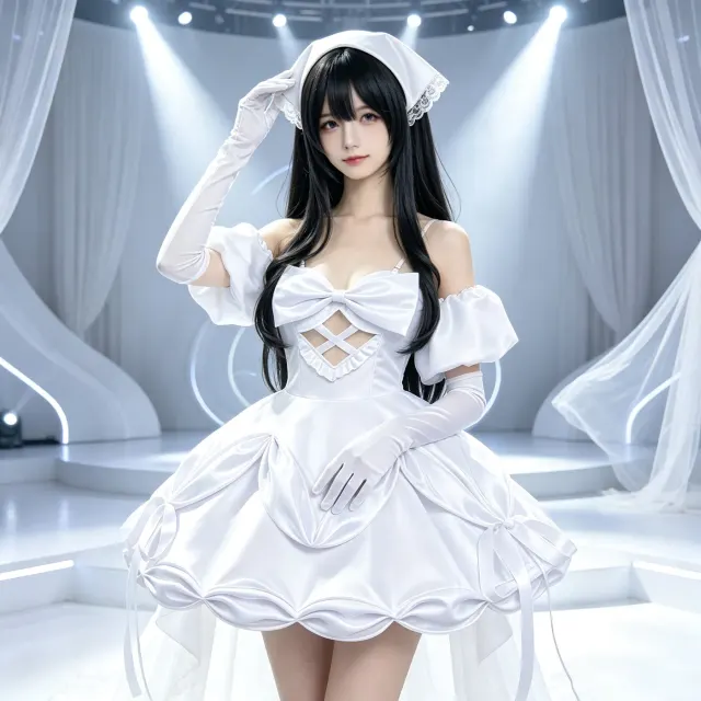 Weißes Off-Shoulder-Cosplay-Kleid mit voluminösem Puffrock im Sua-Stil aus Alien Stage.