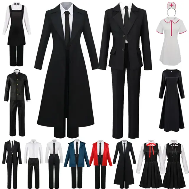 动漫恶魔猎人 Cosplay 服装套装展示，含长款风衣、衬衫、领带和裤子。