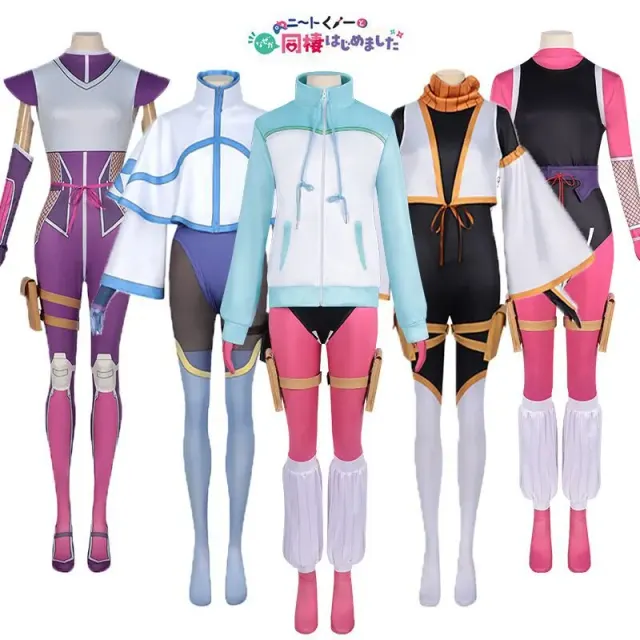 Anime-inspirierter NEET-Ninja-Cosplay-Jumpsuit für Damen, gezeigt in drei Varianten im Charakterstil.