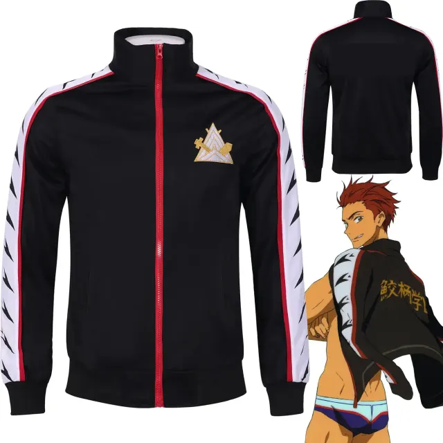Chaqueta sudadera negra de cosplay de club de natación de anime con detalles bordados e impresos.