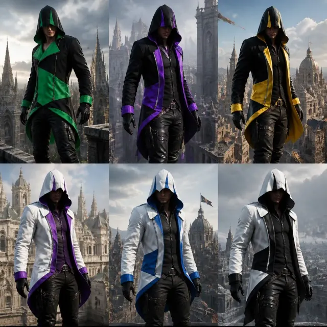 Herren-Cosplay-Kostüm im Assassin's Creed Connor-Stil mit mittelalterlichem Kapuzenfrack in einer zweifarbigen Ausführung in Schwarz und Grün.