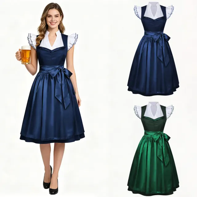 Vestido de camarera cervecera bávara verde liso con falda amplia, diseñado para cosplay de Oktoberfest y actuaciones de escenario.