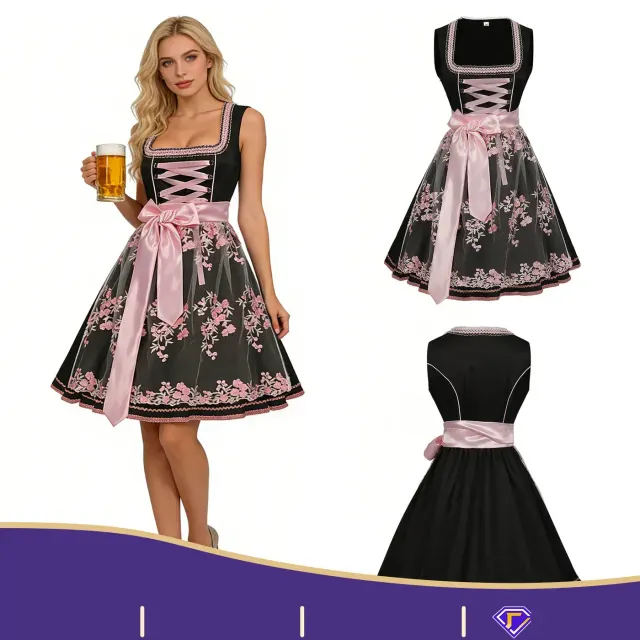 Bayerisches Oktoberfest-Bedienungskleid mit Blumenmuster und ärmellosen Trägern für Halloween-Cosplay und Bühnenauftritte.