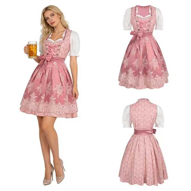 Ein Damen-Oktoberfest-Magd-Kleid-Set mit bayerischem Print und Schnürung, gezeigt im auf Lager befindlichen Bierkleid-Stil.