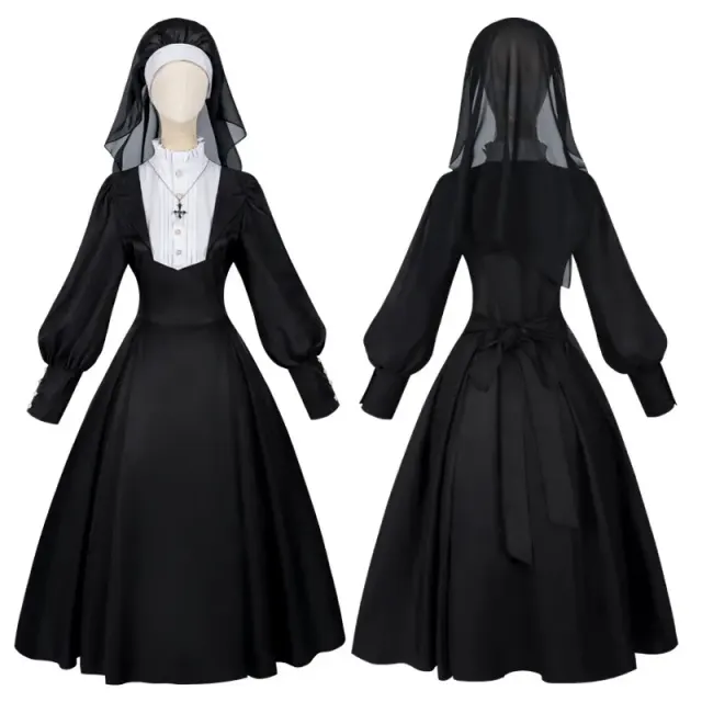 Ensemble robe cosplay de nonne noir à manches longues, avec bordure en dentelle et fini uni.