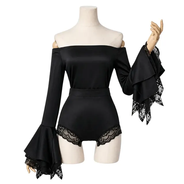 Schwarzer schulterfreier Bühnen-Bodysuit mit Spitze und Glockenärmeln Detail 1