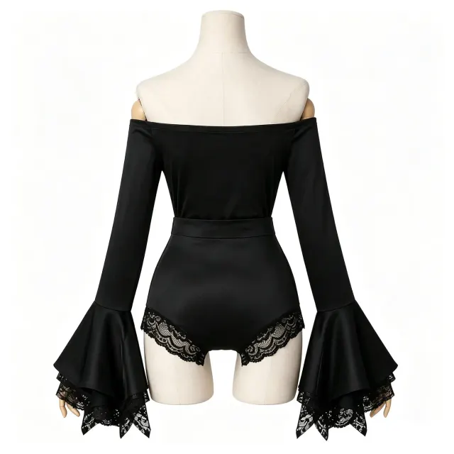 Schwarzer schulterfreier Bühnen-Bodysuit mit Spitze und Glockenärmeln Detail 3
