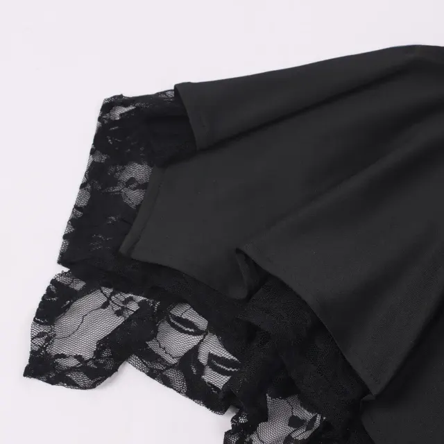 Schwarzer schulterfreier Bühnen-Bodysuit mit Spitze und Glockenärmeln Detail 8