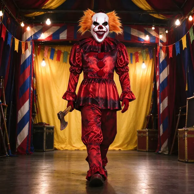 Costume cosplay de clown de style Pennywise sanglant avec haut imprimé de style chemise et pantalon long pour soirées Halloween.