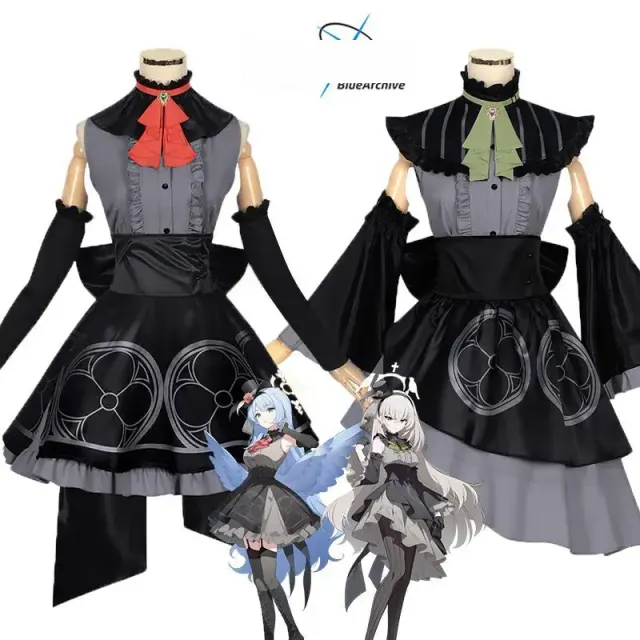 Cosplay-Uniform-Kleid-Set für Damen im Blue Archive-Stil, gezeigt mit den Kostümoptionen Aomori Mine und Utazumi Sakurako.
