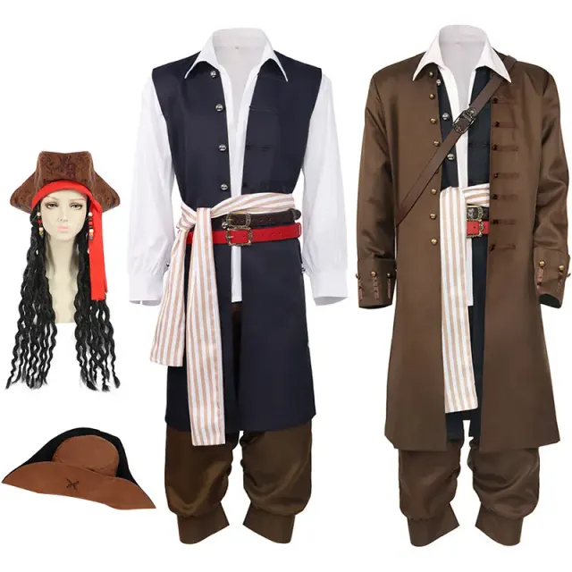 Adult Caribbean pirate cosplay costume set with selectable coat, wig, and hat options for Halloween and stage use.