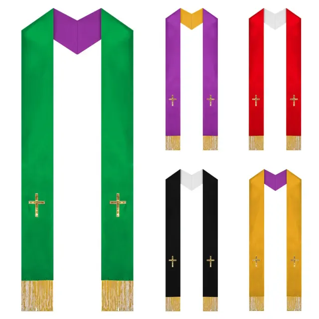 Cape cosplay sombre brodée réversible avec gland en croix et écharpe à glands, disponible en violet-vert, noir-blanc et rouge-blanc.