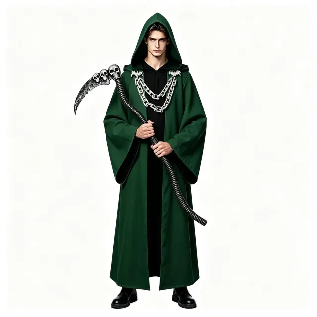 detalle de Conjunto de túnica oscura con capucha y cadenas para Halloween y cosplay medieval 15