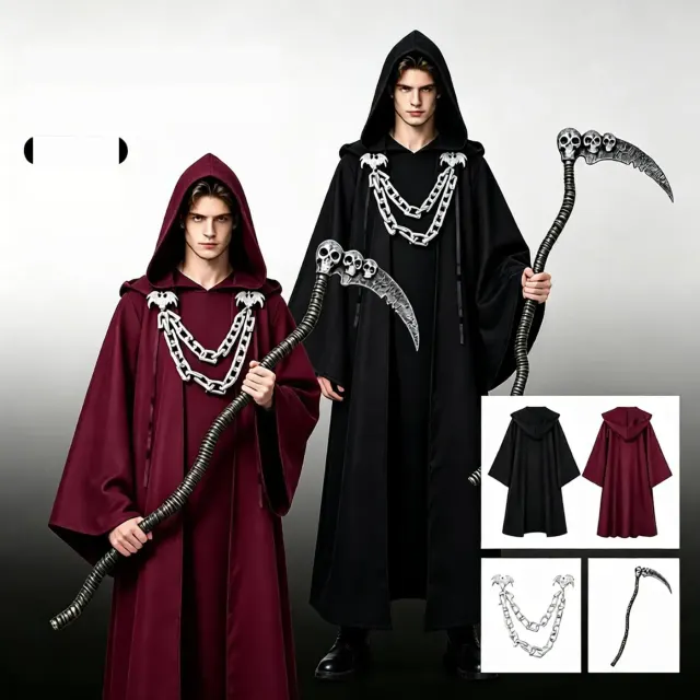 Robe sacerdotale noire à capuche et chaînes, au style gothique sombre, pour Halloween et le cosplay médiéval.