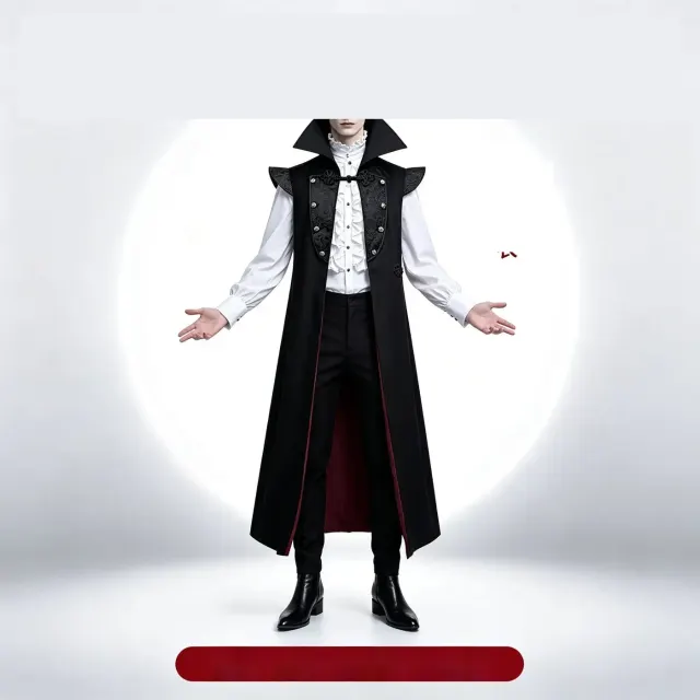 Ensemble costume cosplay Duc de la Nuit Sombre pour homme, composé d'un long manteau à col haut en jacquard, d'une chemise et d'un pantalon dans un style scénique vintage.