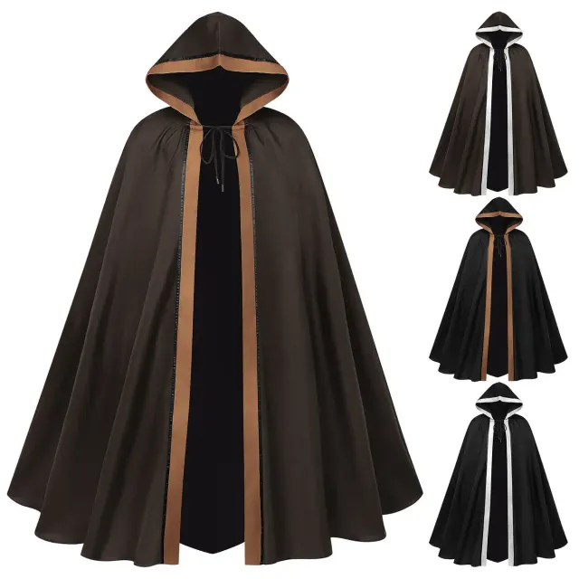 Cape cosplay sombre à capuche patchwork avec laçage devant, présentée en coloris noir et marron.