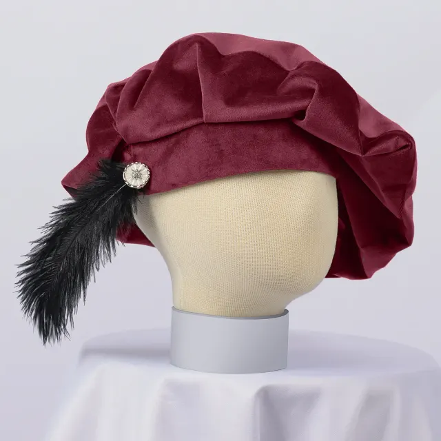 detalle de Boina cosplay con pluma estilo Tudor medieval y renacentista 5