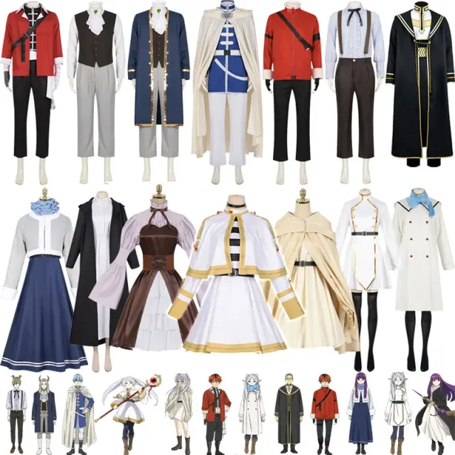 Frieren-Cosplay-Kostüm-Set in einem verdickten, von Anime inspirierten Design, abgebildet als vollständiges Charakter-Outfit für Rollenspiele.