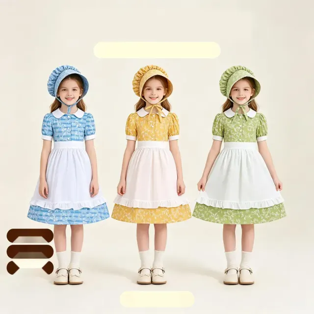 A girls' blue floral prairie pioneer dress styled for Oktoberfest or stage performances.