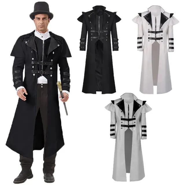Schwarzer langer Gothic-Trenchcoat mit Frontreißverschluss und Seitenschlitz, gestylt für Halloween-Cosplay oder ein mittelalterlich inspiriertes Bankett.