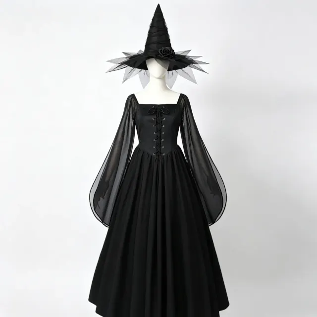 detalle de Vestido largo gótico de bruja oscura con mangas acampanadas para cosplay de Halloween 2