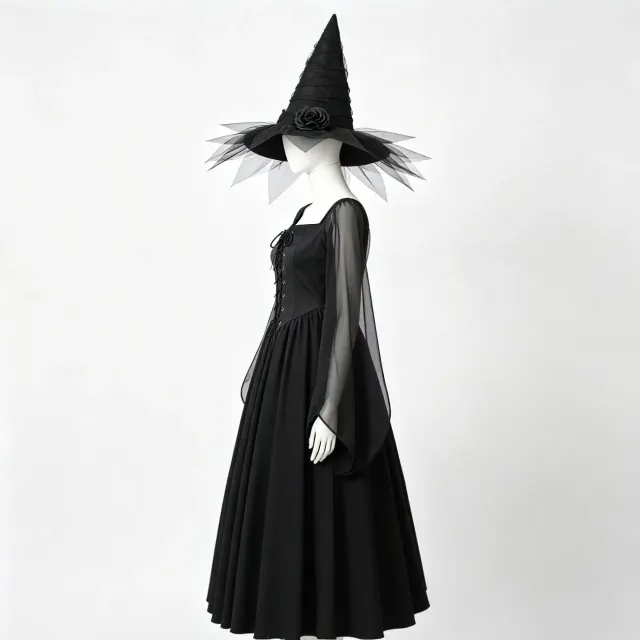 detalle de Vestido largo gótico de bruja oscura con mangas acampanadas para cosplay de Halloween 3
