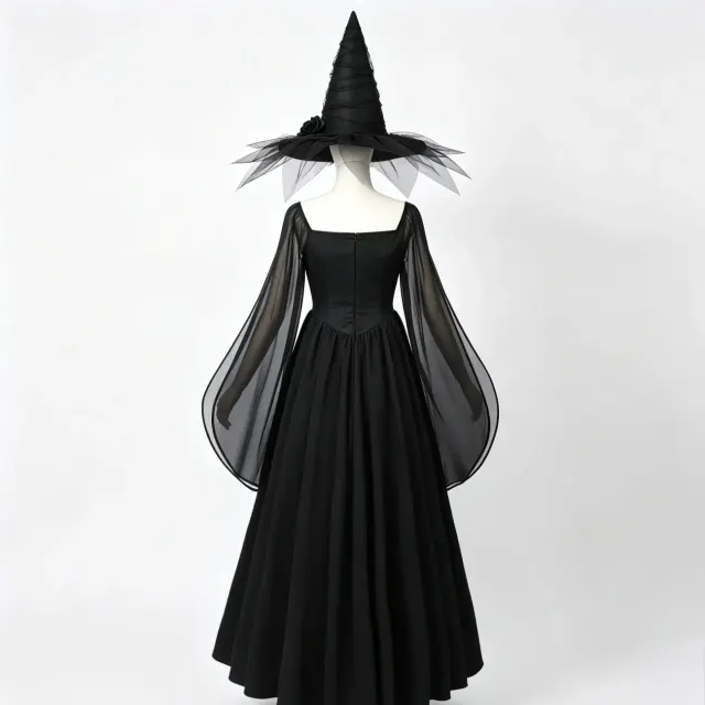 detalle de Vestido largo gótico de bruja oscura con mangas acampanadas para cosplay de Halloween 4