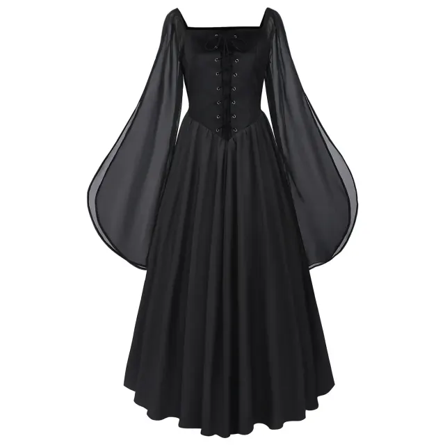 detalle de Vestido largo gótico de bruja oscura con mangas acampanadas para cosplay de Halloween 6