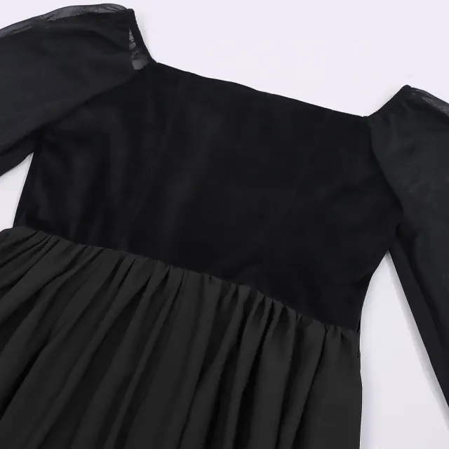 detalle de Vestido largo gótico de bruja oscura con mangas acampanadas para cosplay de Halloween 9