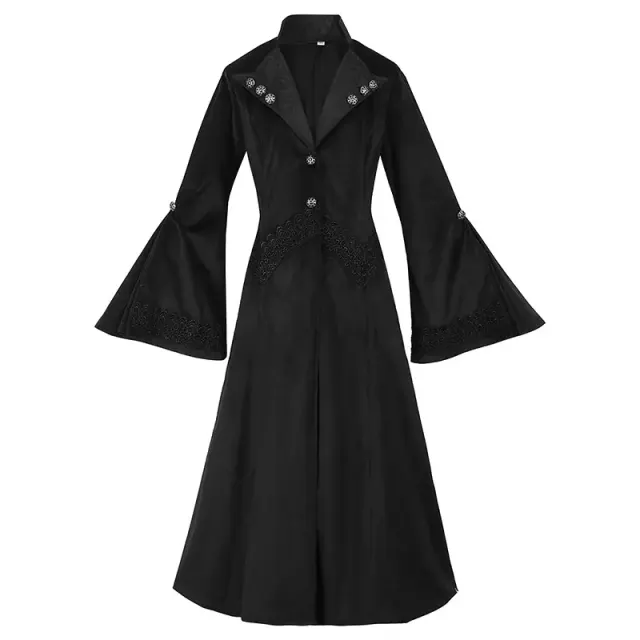 Langer Gothic-Bühnenmantel für Damen mit Stehkragen und Spitzenpaneel Detail 2