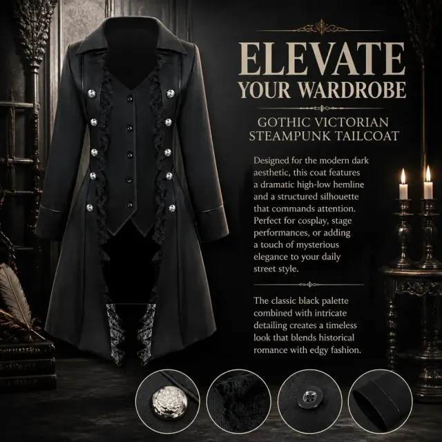 Gothic Lace-Trim Tailcoat Medieval Cosplay Costume detail 6