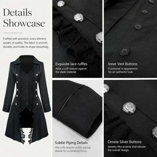 Gothic Lace-Trim Tailcoat Medieval Cosplay Costume detail 9