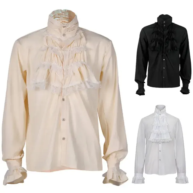 Chemise à cravate blanche gothique à volants et col montant, à manches longues et poignets plissés, pour costumes de scène et de théâtre.