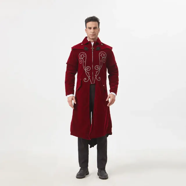 Schwarzer mittellanger Gothic-Frack aus Polyesterstoff mit Wildleder-Haptik für Halloween- und Theater-Cosplay.