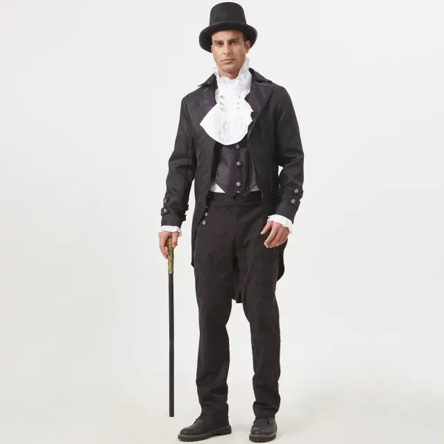 Lila Gothic-Frack-Cosplay-Anzug mit vintage-inspiriertem Fake-Zweiteiler-Design für Halloween- und Theaterkostüme.