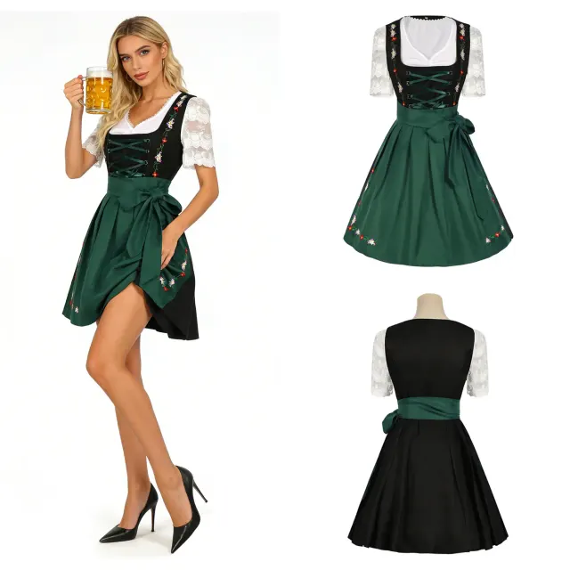 Grünes besticktes Oktoberfest-Magd-Kleid-Kostüm-Set für Damen, präsentiert für einen Halloween-Party- oder Bühnen-Cosplay-Look.