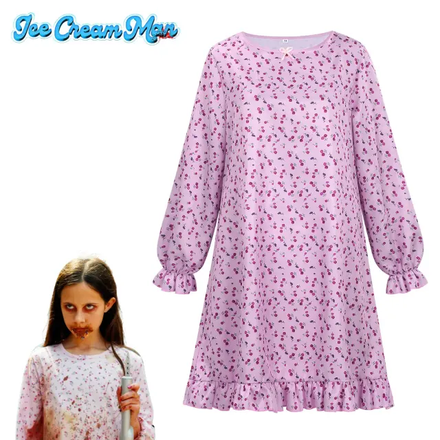 Ein Kostümkleid für Mädchen mit 3/4-Ärmeln, Rundhalsausschnitt und Blumenmuster im Eiscreme-Laden-Stil.