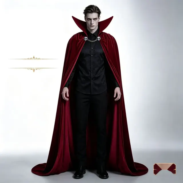 Dunkler Gothic-Vampirumhang aus Samt mit großem Stehkragen, gezeigt für Halloween-Cosplay und Party-Styling.