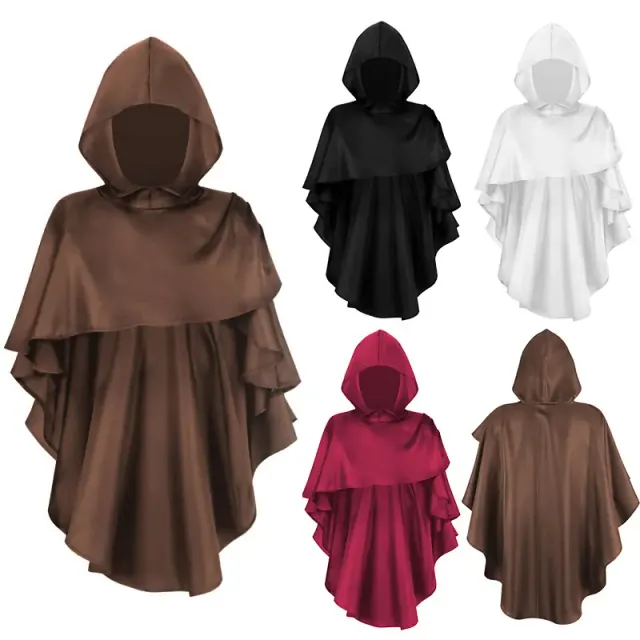 Ein von mittelalterlicher Optik inspirierter Sensenmann-Umhang für Halloween-Cosplay, erhältlich in Weiß, Rot, Braun und Schwarz.