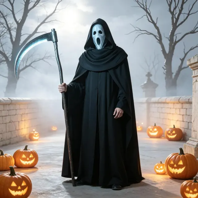 Ein unisex Kapuzenumhang mit langen Ärmeln und Buchstabenmuster, gestaltet für Halloween-, Renaissance- und Cosplay-Veranstaltungen.