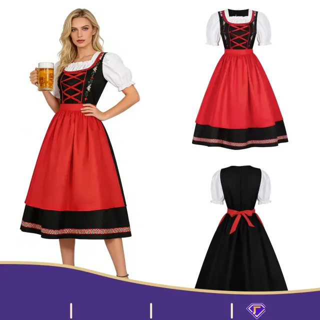 Disfraz de vestido de cerveza bordado en rojo presentado para Halloween, cosplay de Oktoberfest y actuaciones en escenario.