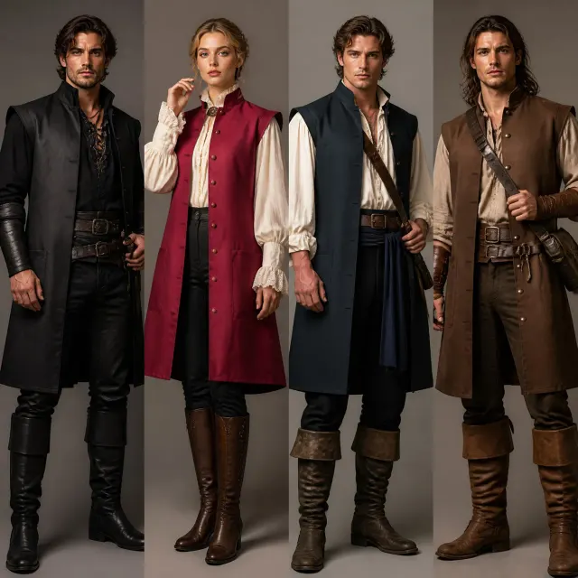 Ärmellose rote Piratenweste mit einem an Mittelalter und Renaissance angelehnten Look für Halloween-Cosplay.