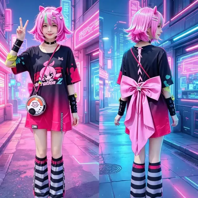 一名身穿哈尼娅薄荷绿 Cosplay 服装的女性,服装为短袖动漫风格,带有卡通图案。