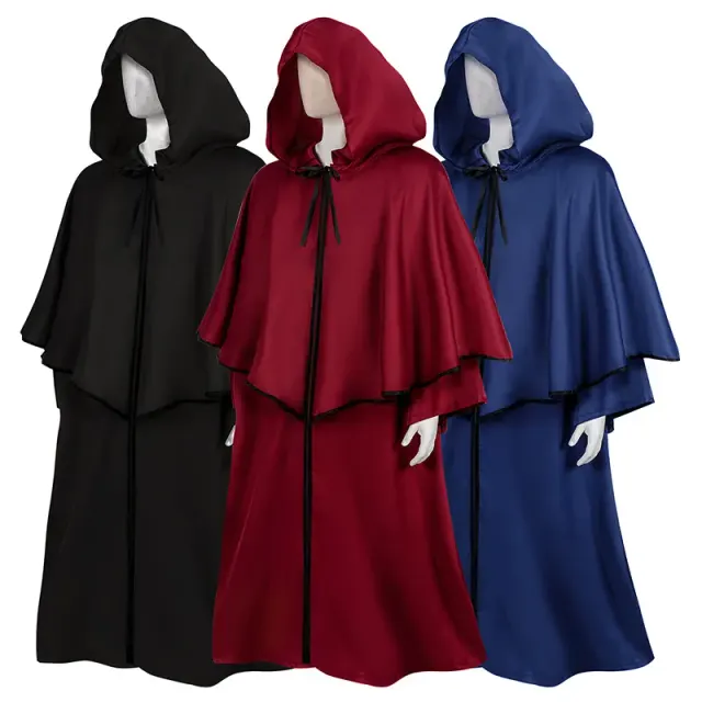 Robe-cape cosplay médiévale à capuche et manches longues, noire, de style dark fantasy.